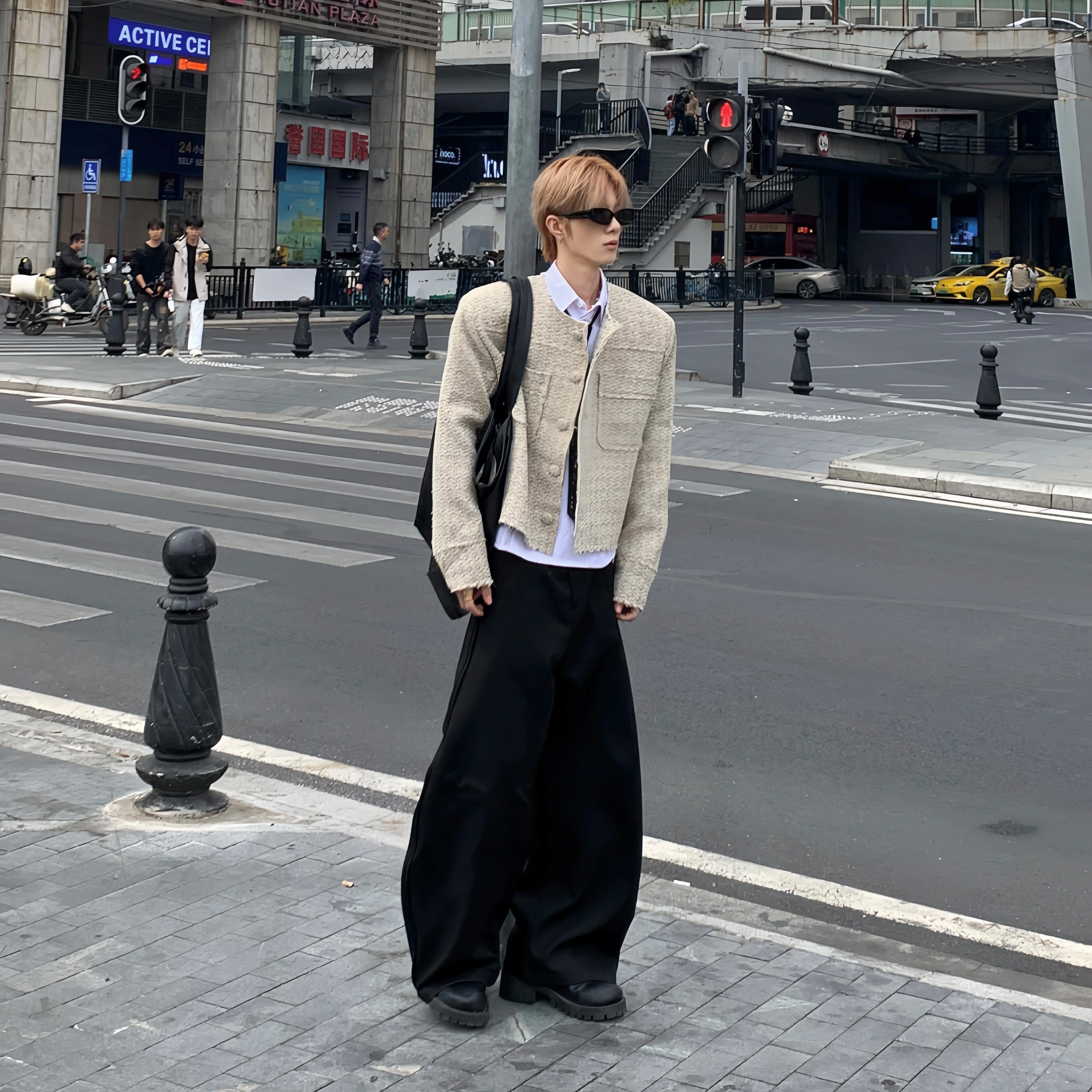 Med老叔 流行小香风毛边无领多口袋羊毛短款垫肩夹克休闲百搭上衣