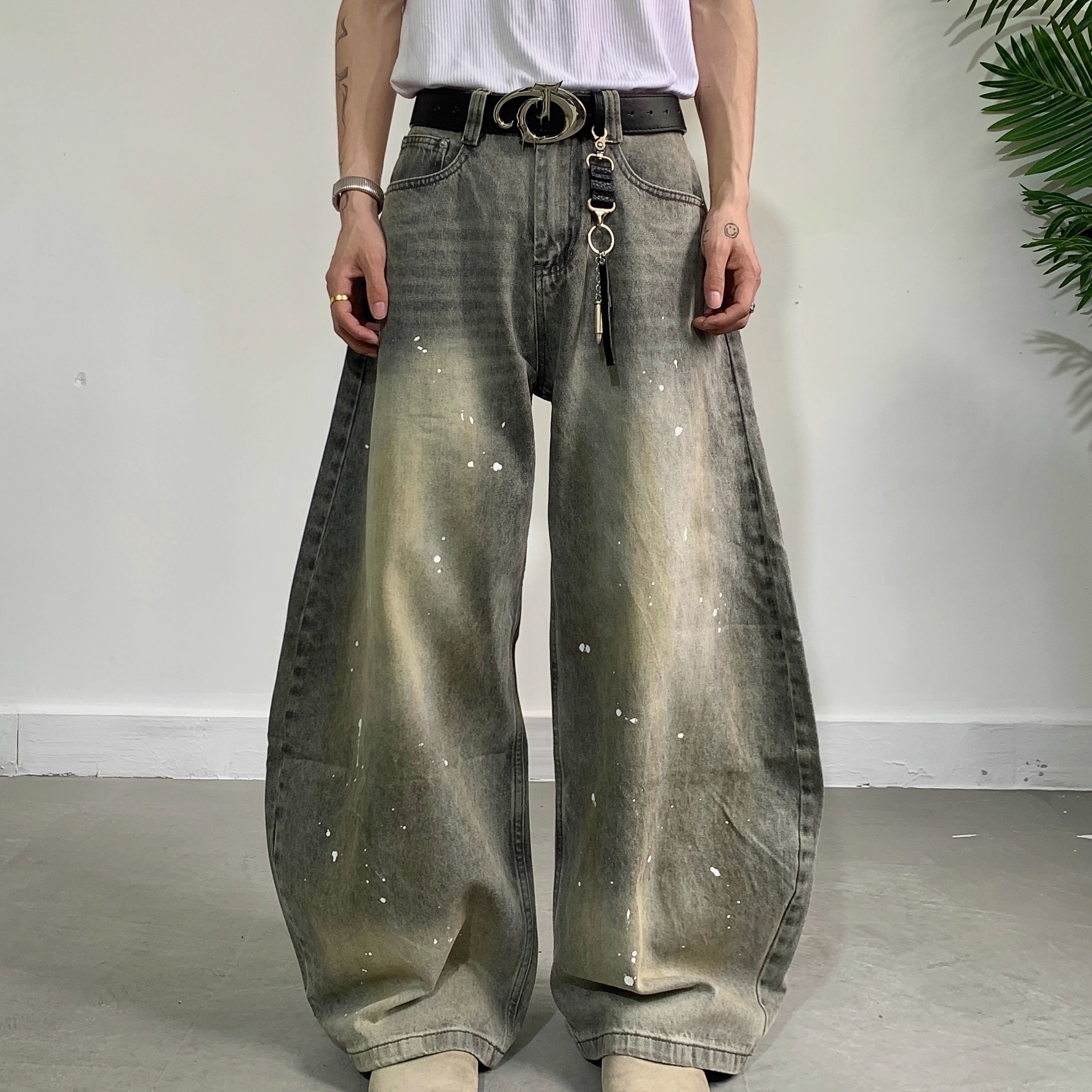 做旧灰色泼墨弯刀牛仔裤男女