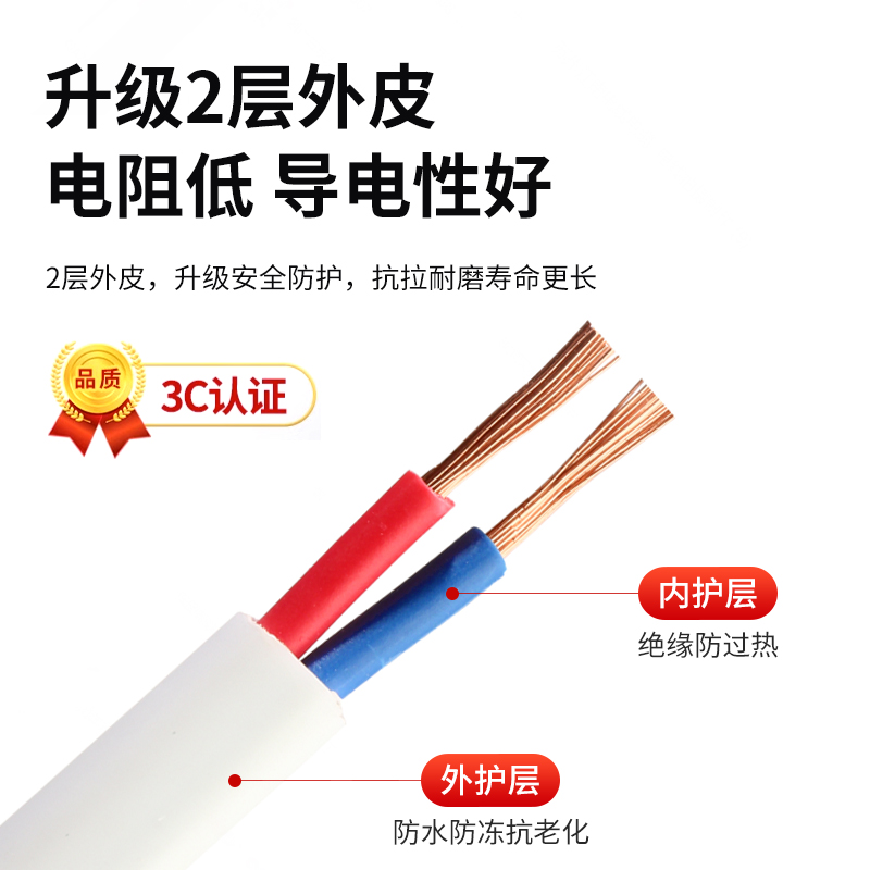 100%国标家用白色护套线电源线