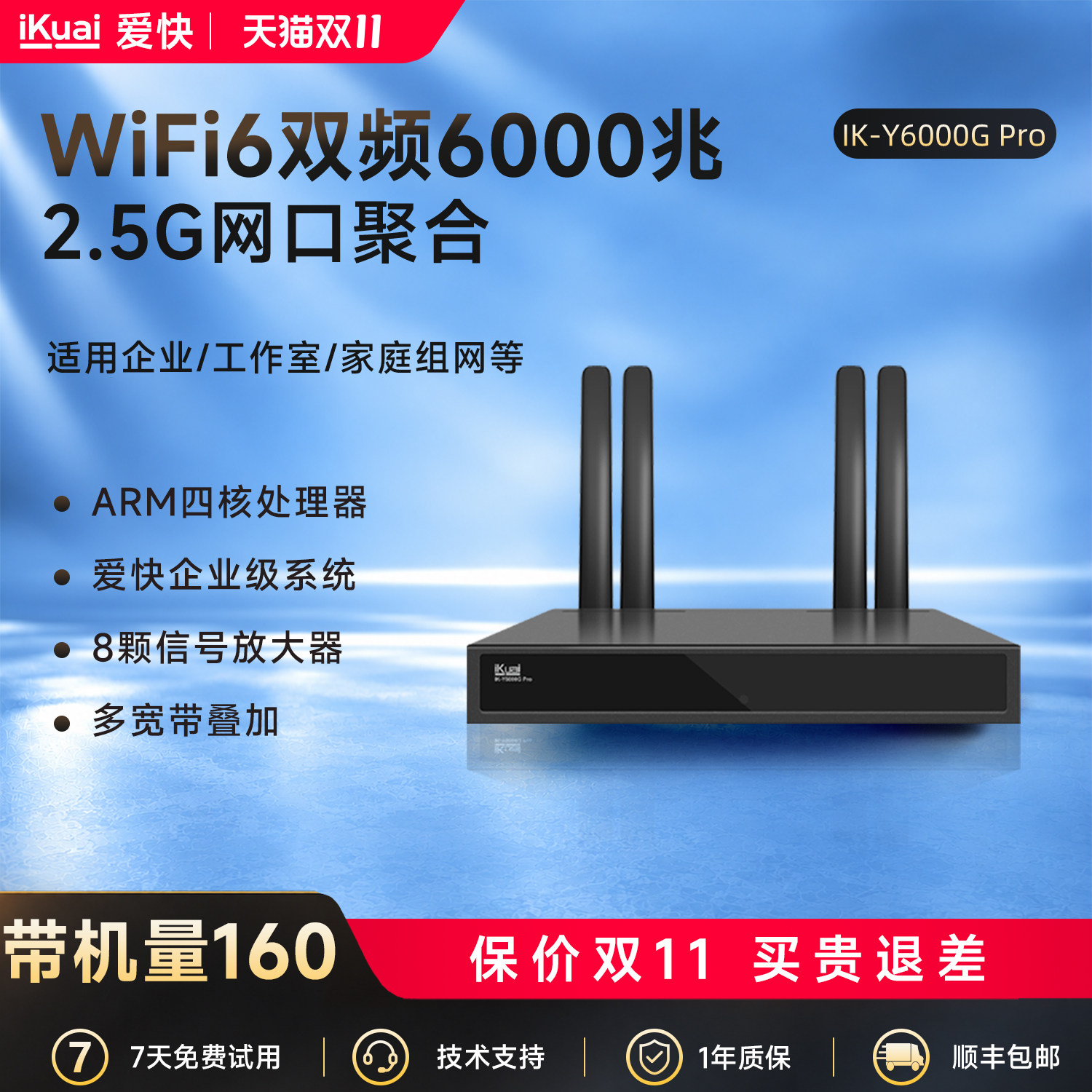 爱快千兆网络路由器企业级2.5g无线WiFi6高速家用ax6000宽带叠加聚合wanlan切换Mesh组网全屋覆盖Y6000G Pro