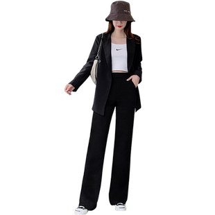 黑色坠感高腰微喇裤女新款九分女裤春秋西装长裤直筒加长拖地裤子