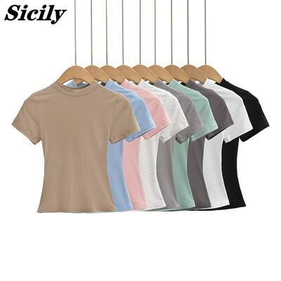 西西里 skims卡戴珊圆领短袖T恤女夏季修身紧身弹力短款打底上衣