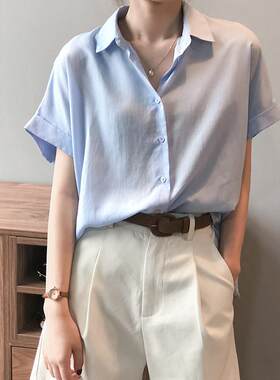 日系女士蓝色短袖衬衫2025新款女夏季薄款工装白衬衣女款气质上衣