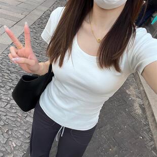 Cassie小表姐白色u领正肩T恤女纯棉修身短袖上衣