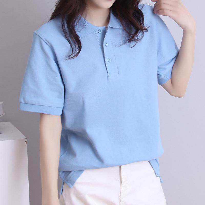 浅蓝色纯棉翻领polo衫女男短袖宽松情侣带领t恤定制印logo工作服