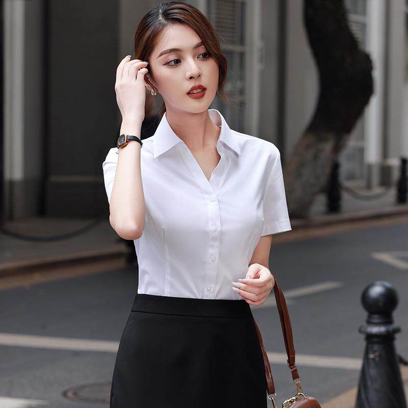 V领显瘦大码衬衫女职业上班白领气质灰白蓝色短袖衬衣工装2025夏