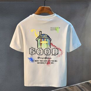 青少年美式 新款 体恤 t恤男后背印花2026夏季 高端重磅白色短袖
