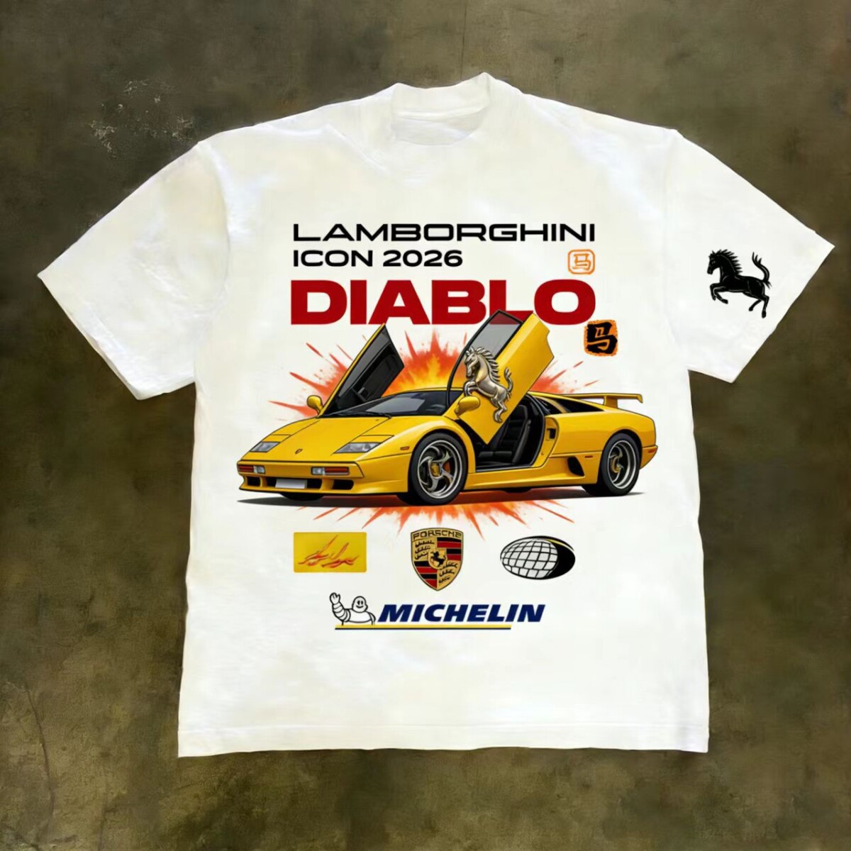 美式潮流短袖T恤宽松黄色跑车马年印花男款街头圆领百搭上衣