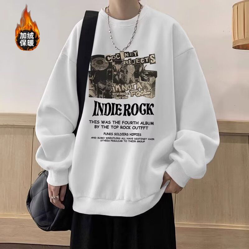 重磅加绒圆领卫衣男潮牌美式复古字母印花卫衣男无帽校服内搭