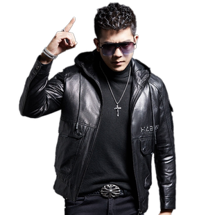 新款冬季男士皮衣山羊皮真皮皮夹克脱卸羽绒内胆短款连帽皮外套潮