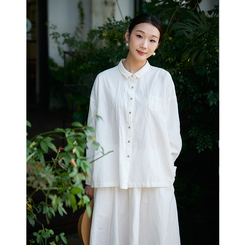 早秋新品高级感纯色棉麻上衣女