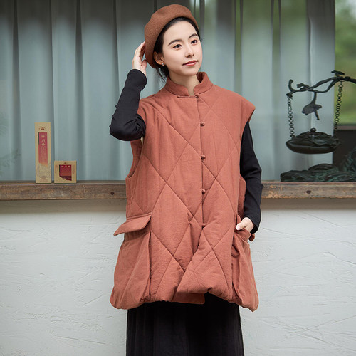 【照本堂】冬季新款大菱格棉马甲女新中式棉服上衣15支W12601