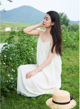 【照本堂】2026夏季新款女装舒适棉麻21支天丝麻吊带连衣裙W32752