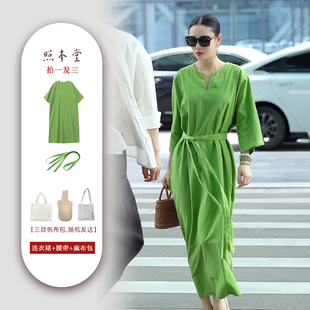 新款 2025秋季 纯色高级感棉麻20支长裙V领连衣裙W32754 照本堂