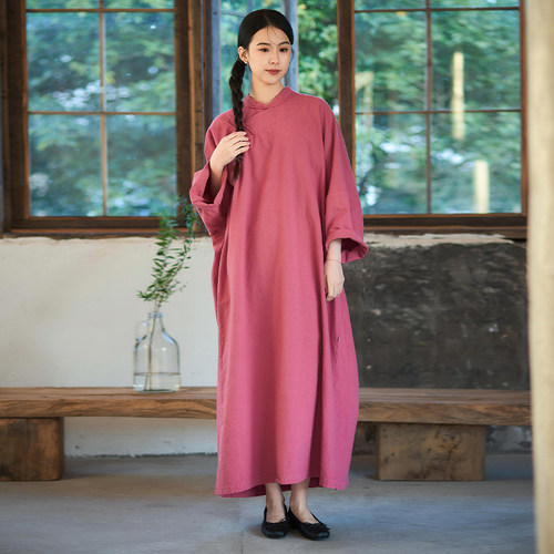 【照本堂】2025秋季新款新中式女装棉麻20支国风拼接袖长裙W32663