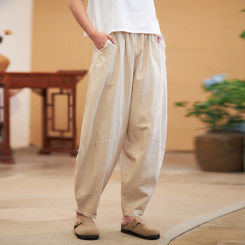 照本堂春季棉麻阔腿灯笼裤禅修太极国风亚麻休闲长裤女22027-15支