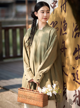 【照本堂】春季新款棉麻女装新中式10支小立领复古长款外套W12558