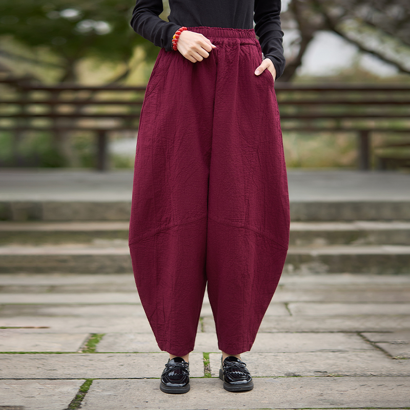 照本堂新款双层棉麻阔腿裤