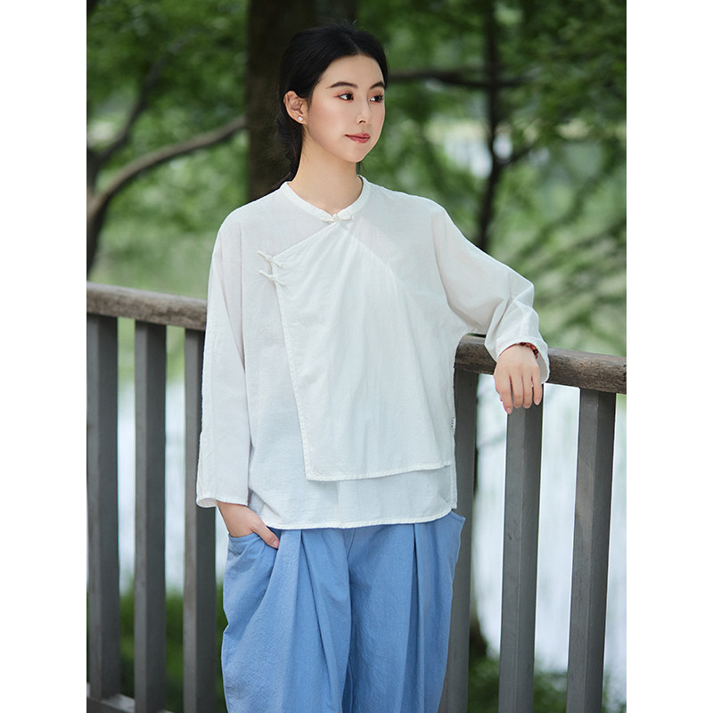 【照本堂】2026夏季新款棉麻女装30支新中式斜襟盘扣上衣W12962
