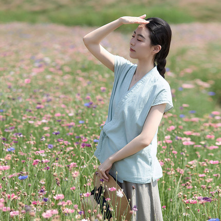 【照本堂女装】夏季新款40支棉麻中式背心帽袖汉服W12521