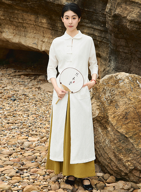 【照本堂】复古国风新中式棉麻上衣女长款翻领盘扣30支亚麻W12311