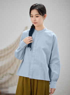 照本堂2025秋季新款国风新中式棉麻女装20支小立领衬衫上衣W12191