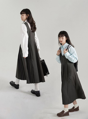 KeepBlue  | “文艺汇演学姐”背带裙压褶灰色长裙设计款双肩带女