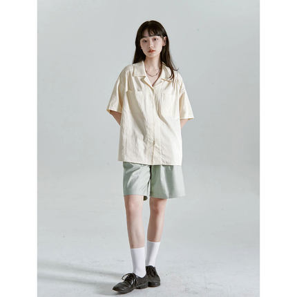 KeepBlue |极简风古巴领衬衣 日系复古亚麻棉麻上衣女短袖衬衫t恤