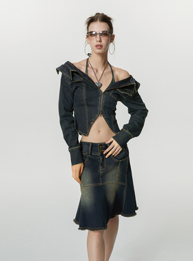 【现货】KeepBlue |复古辣妹水洗做旧牛仔吊带衬衫鱼尾半裙三件套