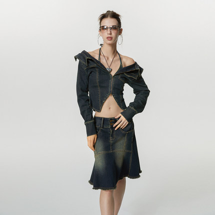 【现货】KeepBlue |复古辣妹水洗做旧牛仔吊带衬衫鱼尾半裙三件套