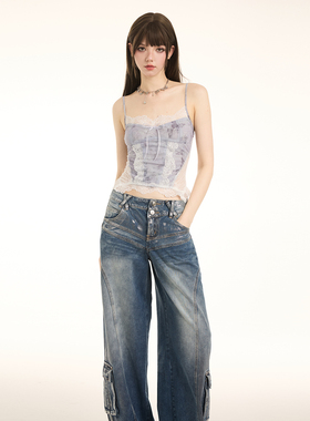 KeepBlue迷雾紫蝶  网纱蕾丝吊带背心女2024新款纯欲辣妹上衣夏季