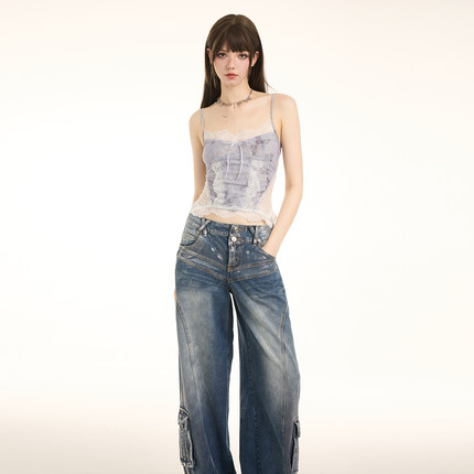 KeepBlue迷雾紫蝶  网纱蕾丝吊带背心女2024新款纯欲辣妹上衣夏季