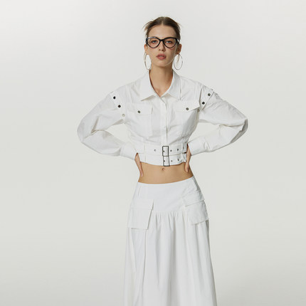 【现货】KeepBlue千禧辣妹短款双腰带衬衫外套女春秋铆钉设计上衣