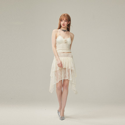 【现货】KeepBlue梦幻少女 亮片刺绣蕾丝吊带背心不规则半裙套装