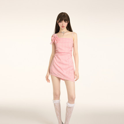 KeepBlue缪系知识分子 粉格蝴蝶吊带连衣裙甜美初恋公主裙子女夏