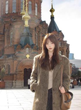 KeepBlue|罗勒清晨 复古苔藓绿绵羊毛大衣女呢子厚外套长款含羊驼