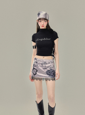 KeepBlue私人电台 玫瑰花烫钻后背抽绳设计感上衣性感辣妹短袖t恤