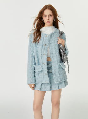 【现货】KeepBlue蓝色小香两件套装清冷外套女春秋双腰带百褶半裙