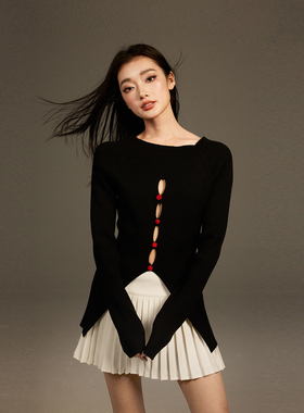 KeepBlue黑色废墟玫瑰镂空小众设计感毛衣女春一字肩辣妹针织上衣