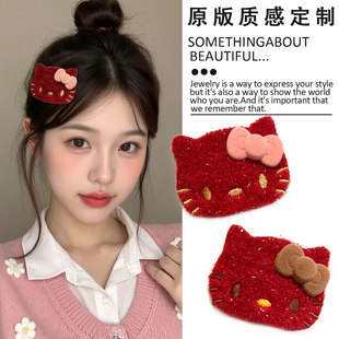 新年发饰成人刘海贴红色侧边卡通毛绒猫咪碎发帖魔术贴头发固定贴