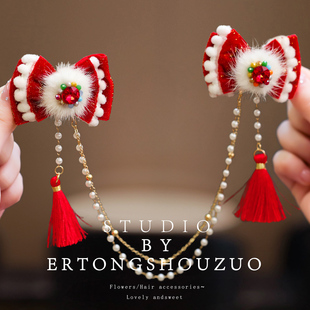 宝宝过年头饰儿童额头链发夹珍珠蝴蝶流苏对夹女童古风汉服发饰