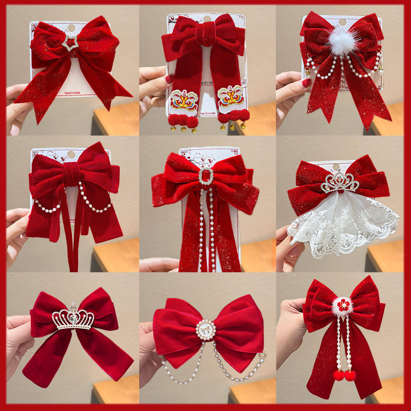 新年头饰儿童蝴蝶结飘带发夹红色