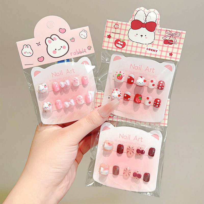 新年美甲儿童穿戴甲3-10岁短款高级指甲贴女童卡通猫咪水钻立体贴纸防水新款手工小学生软甲果冻贴片女孩贴画