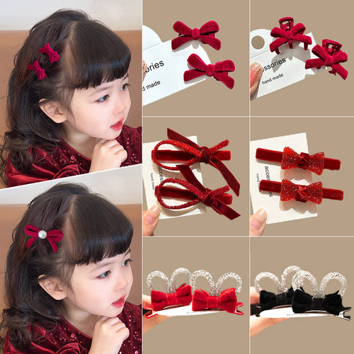 女童秋冬复古红色蝴蝶结对夹