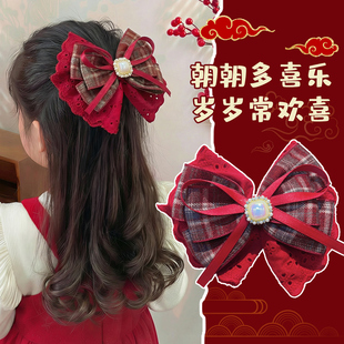 儿童新年红色蝴蝶结发夹女童后脑勺蕾丝飘带公主头饰珍珠装饰发饰