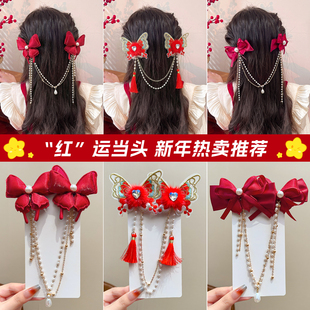 儿童夹子头饰发夹边夹侧边珍珠额头链红色蝴蝶结发卡女童新年发饰