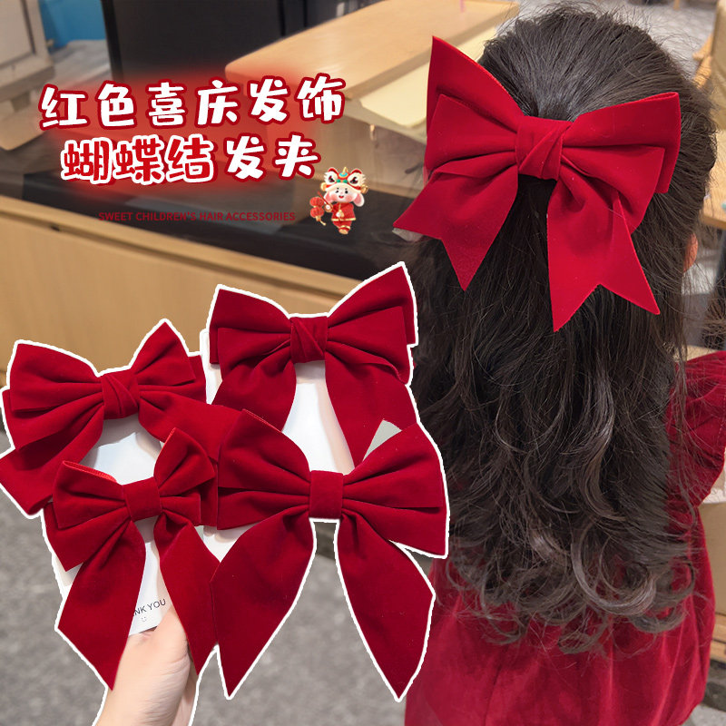 儿童红色蝴蝶结头饰女童新年发夹