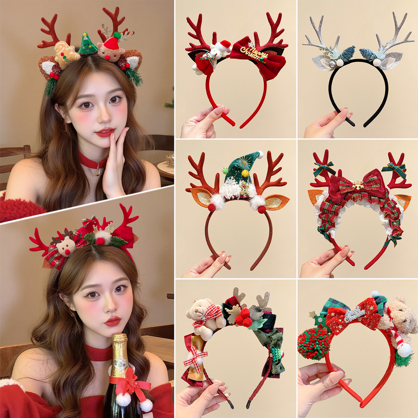 圣诞节鹿角发箍女毛绒蝴蝶结头箍2025新款平安夜派对cos麋鹿发捆