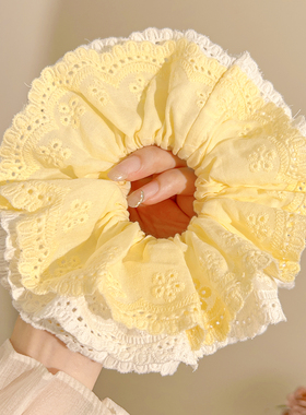 韩版大肠发圈女黄色双层蕾丝花边田园风复古气质百搭扎头发绳皮筋