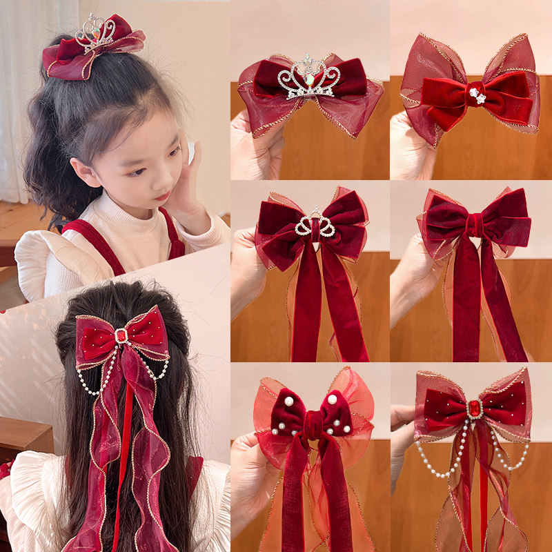 跨年新年红色蝴蝶结飘带编发发夹